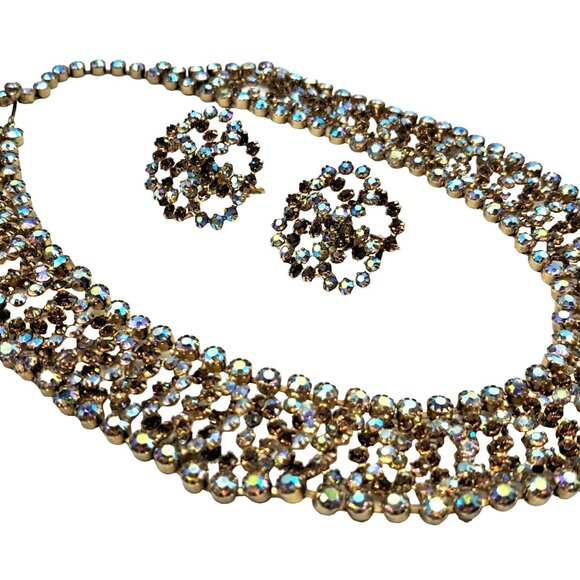 Vintage Kramer Jewelry Set Rhinestone Necklace Earrings Champagne Topaz Aurora B - Picture 2 of 15